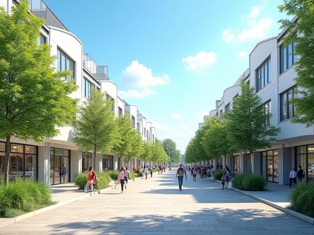 A picturesque view of a clean, bustling Corby town center with a modern building and green spaces.