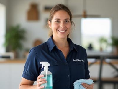 Sarah, Residential Team Lead, smiling and holding cleaning supplies