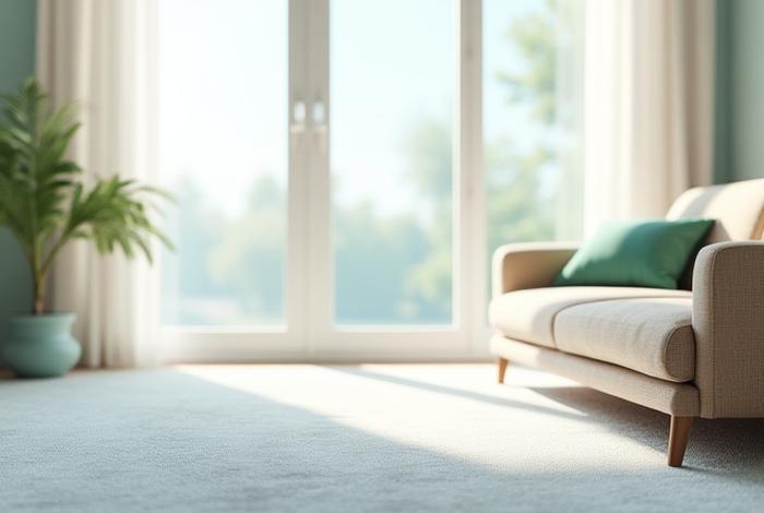 Spotless, modern living room with freshly cleaned sofa and carpet