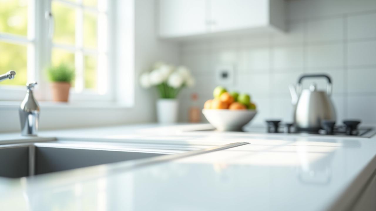 Sparkling clean modern kitchen after a deep clean service, with pristine surfaces, shining appliances, and fresh flowers