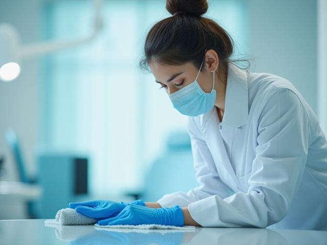 Professional cleaner in uniform with gloves, discreetly cleaning a healthcare environment